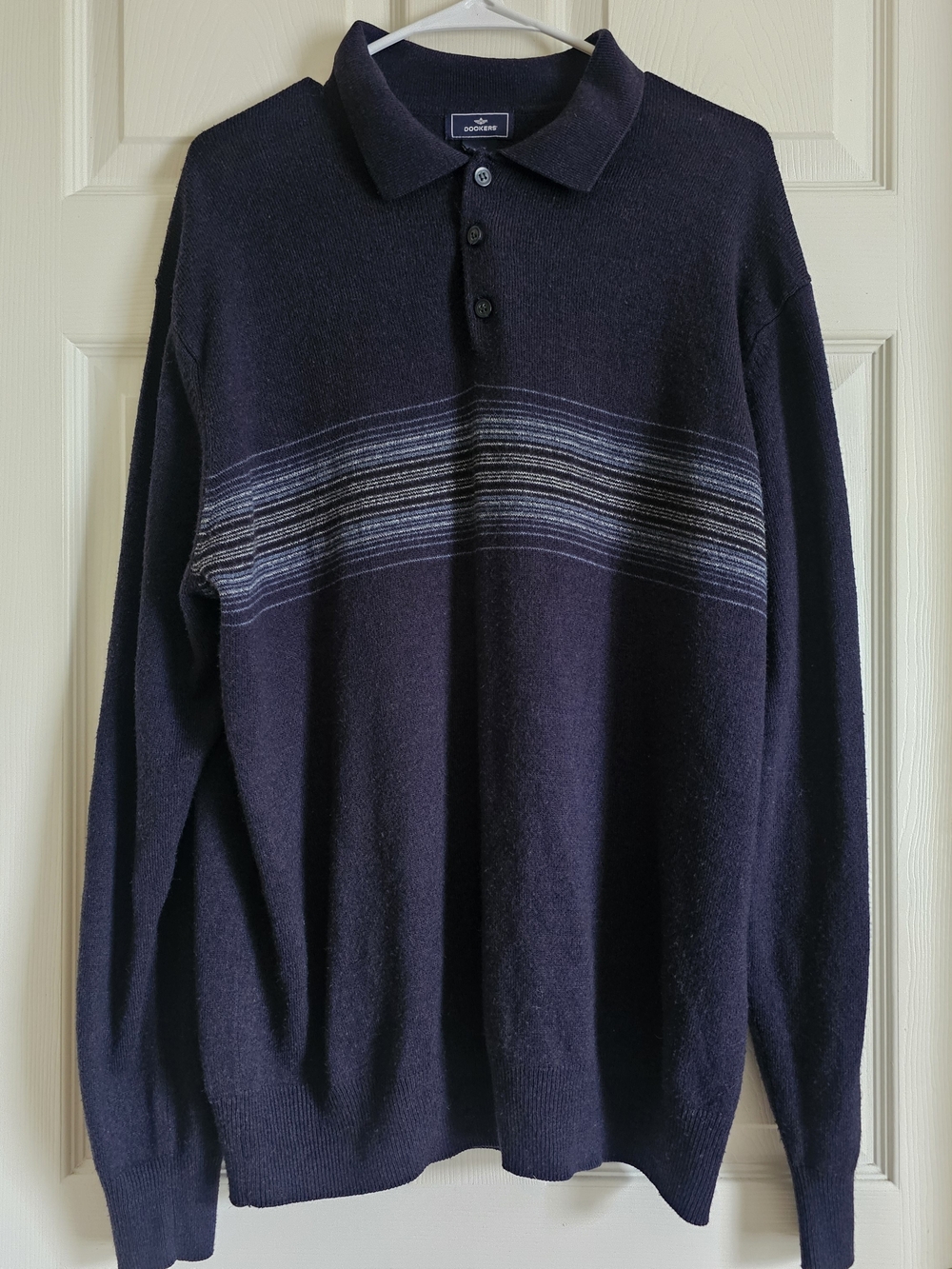 Dockers Men's Navy Crewneck Polo Sweater with Light Stripe